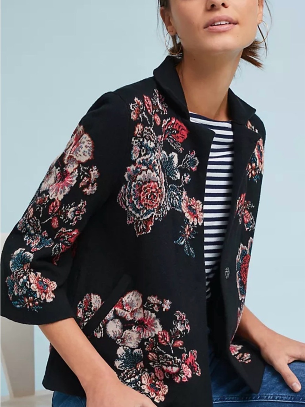 Anthropologie Black Jacquard Floral Knit Jacket | Size Small |